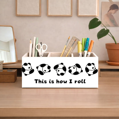 GGED Wooden Desk Organizer with Panda Design, 3 Compartment Pen Pencil Holder, Decorative Office Supply Storage Box for Home, Office, Desk Table, Gift for Friends and Coworkers
