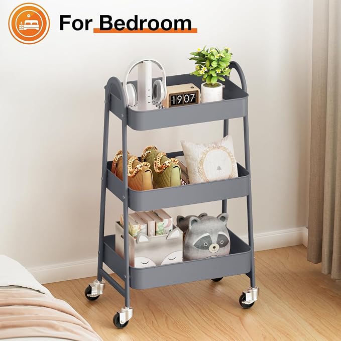 NEWBULIG 3-Tier Metal Rolling Cart with Lockable Wheels, Heavy Duty Mobile Utility Storage Shelf, Roller Book Snack Cart, Organization for Livingroom, Bathroom, Office, Grey
