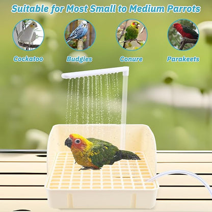 Automatic Bird Bath Fountain with Anti-Bite Cord Protector, Large Parrot Bathtub with Running Water Faucet, USB Electric Bird Shower for Parakeet, Cockatiel, Conure, African Grey, Lovebirds (Beige)
