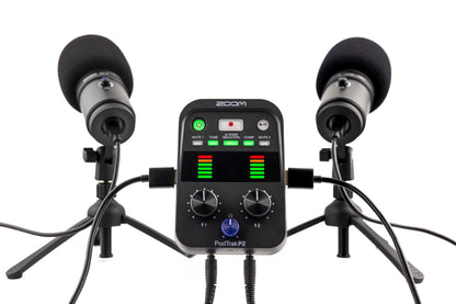 Zoom PodTrak P2 Podcast Recorder, 2 USB Mic Inputs, 2 Headphone Outputs, AI Noise Reduction, Tone & COMP Effects, Remote Guest Recording, SD Card, Battery/USB-C Powered
