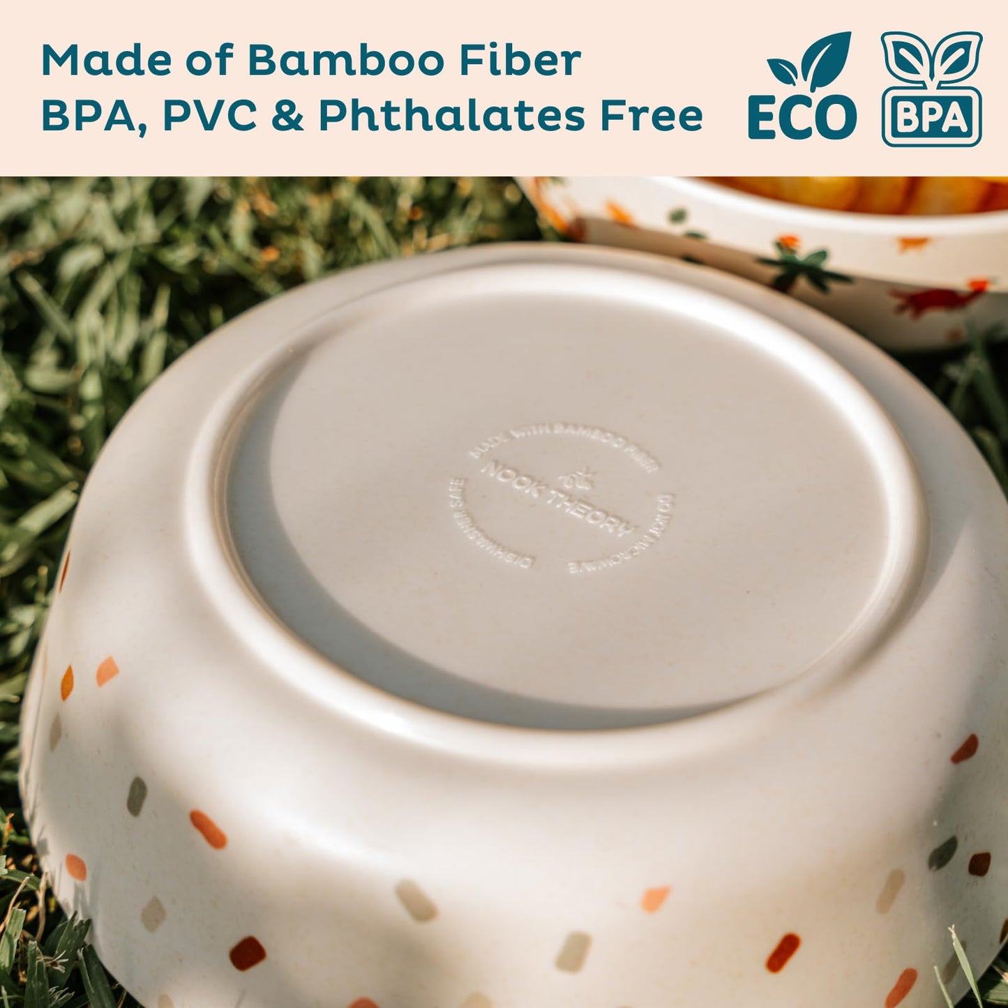 Nook Theory 4 Pack Bamboo Bowls - 18 Oz Reusable Toddler and Kids Bowl, Dishwasher Safe - Not Microwavable Bamboo Dishes (Confetti)