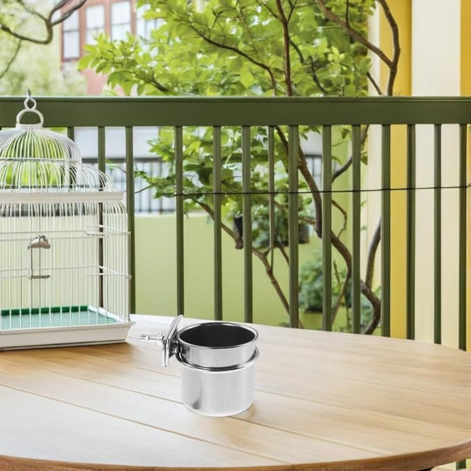 Toyvian 2pcs Stainless Steel Bird Feeding Cage Cups with Clamp Holder, 4.4cm and 5.5cm Parrot Food and Water Bowls for Small Birds Cage Accessories