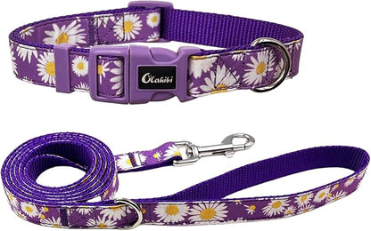 Dog Collar Leash Set, Floral Pattern, Nylon Webbing Plus Cotton Ribbon, 5ft Matching Leash, for Large Dogs.(L, Purple Daisy)