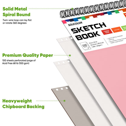 Soucolor Cute Sketchbook 9" x 12" for Women, 1-Pack 100 Sheets Spiral Notebook Drawing Pad, Pastel Art Supplies for Artists, Arts and Crafts Gifts Set for Adults