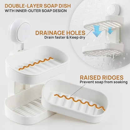 LEVERLOC Soap Dish Holder for Shower Double Layer Suction Cup Wall Mounted