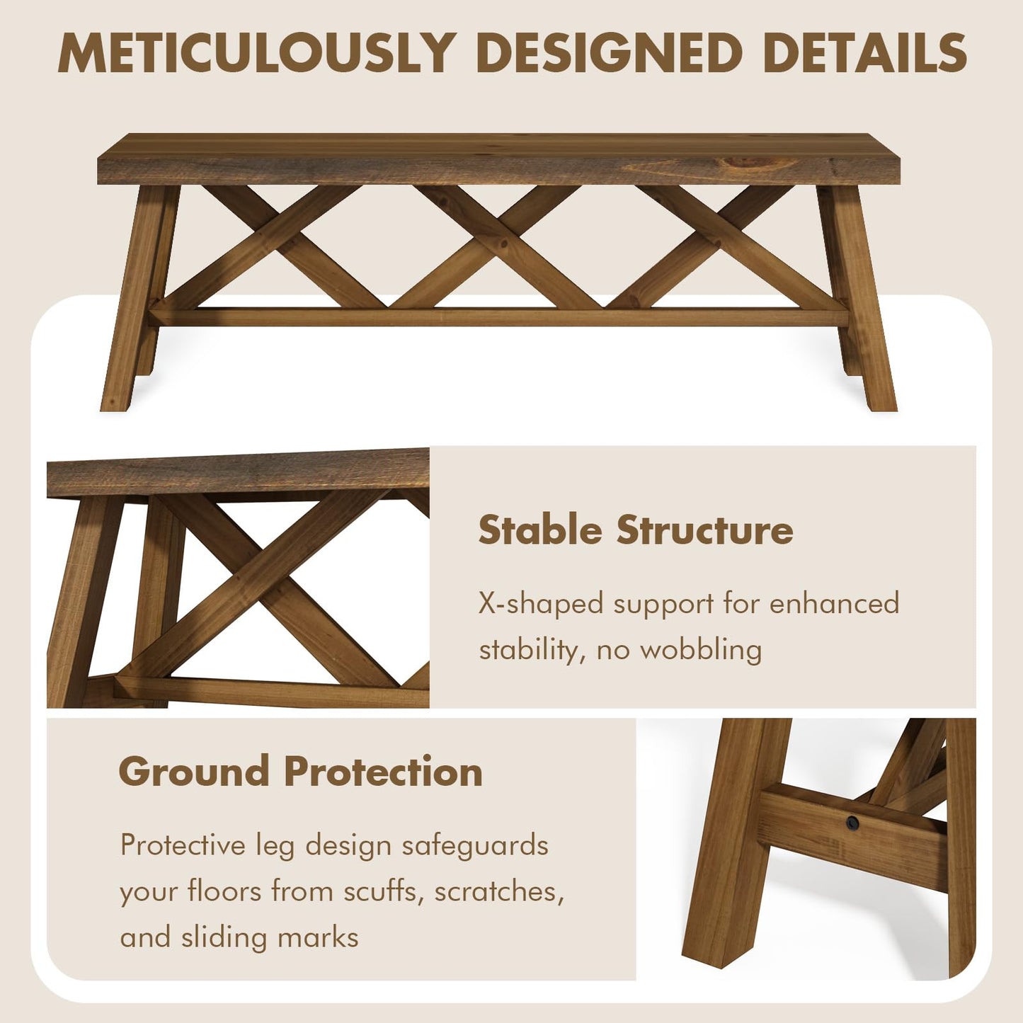 Wnutrees 30"& 54" Farmhouse Wood Bench (2 PCS), Rustic Solid Wood Entryway Benches Seat with Double X-Structure for Dining Area Living Room Hallway Natural