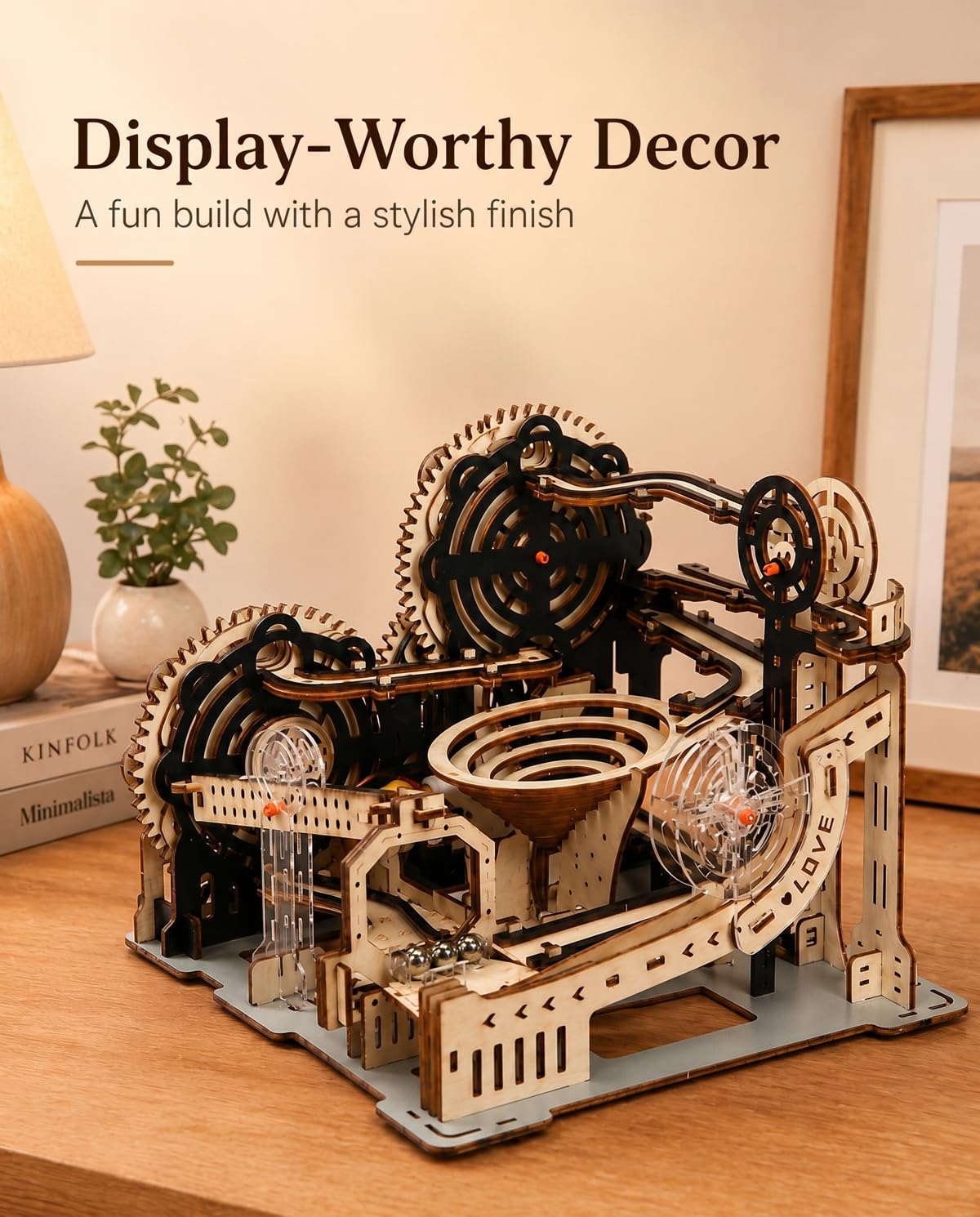 3D Wooden Puzzle for Adults, Electric DIY Marble Run Model Kit with Spiral Funnel, Gear-Driven Motion & Steel Marbles, Brain Teaser Building Toy, Creative Desk Decor Gift for Teens Adults 14+