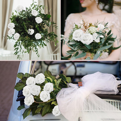 WANTMAZOR 200PCS Artificial Flowers White Roses Real Looking Foam Fake Roses with Leaves and for DIY Wedding Bouquets Bridal Shower Centerpieces Party Decorations (White, 200)