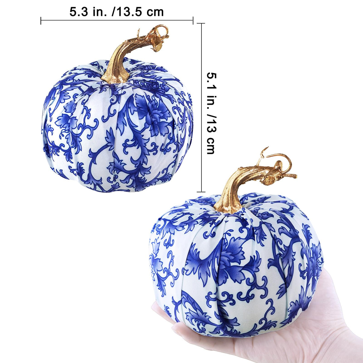 Winlyn 4 Pcs Faux Decorative Blue and White Fabric Pumpkins Chinoiserie Chic Pumpkins Foam Pumpkins for Gifts Farmhouse Thanksgiving Halloween Fall Wedding Table Centerpiece Mantel Bowl Decorations
