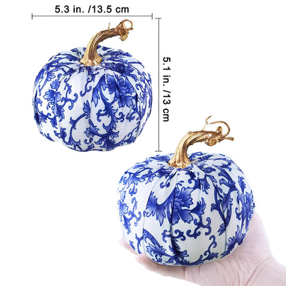 Winlyn 4 Pcs Faux Decorative Blue and White Fabric Pumpkins Chinoiserie Chic Pumpkins Foam Pumpkins for Gifts Farmhouse Thanksgiving Halloween Fall Wedding Table Centerpiece Mantel Bowl Decorations