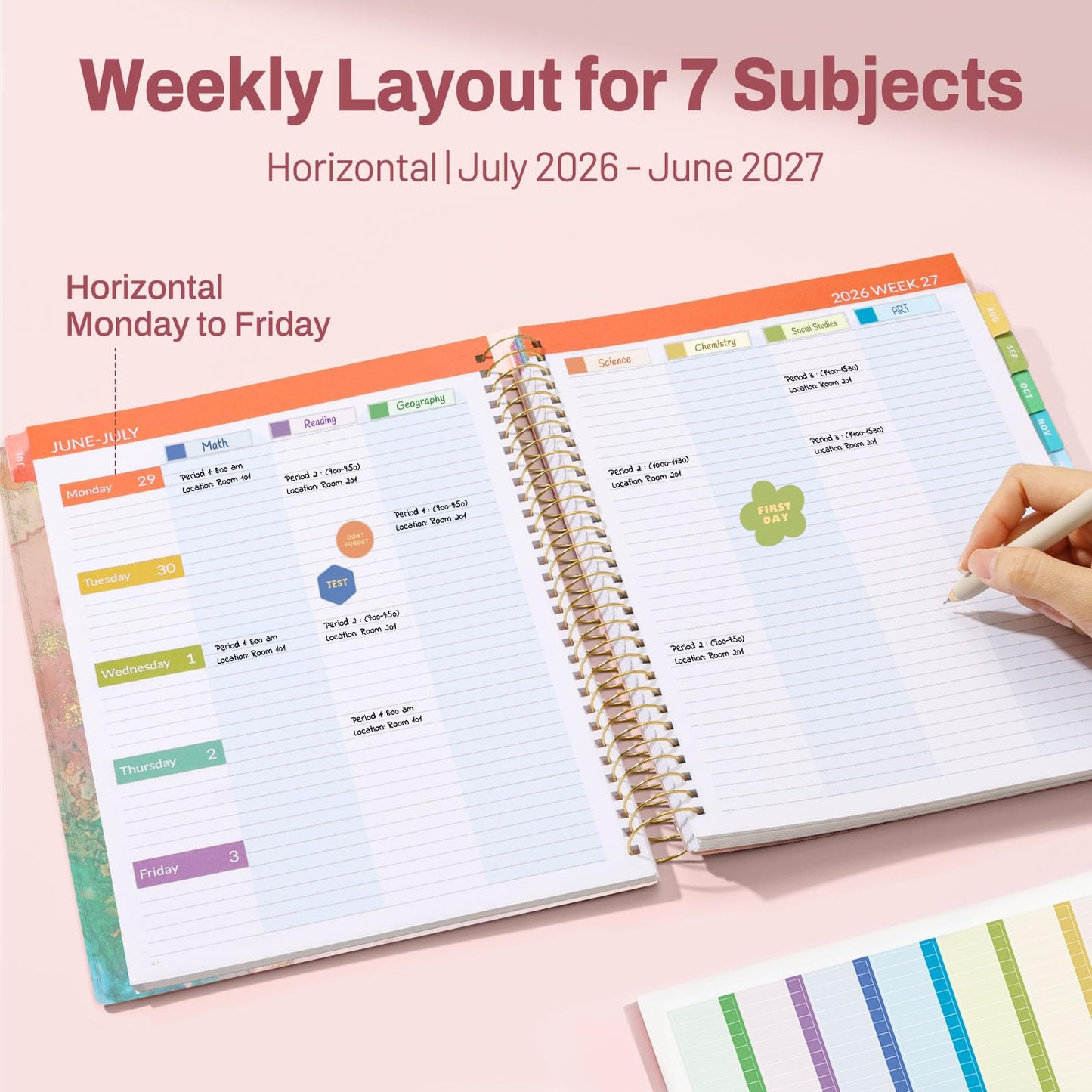 SUNEE Deluxe Teacher Planner 2026-2027, Lesson Planner Book with 7 Periods Jul 2026 - Jun 2027, 8.5" x 11" Weekly and Monthly Organizers with Colorful Tabs, Planning Stickers,120gms Paper, Pink Marble