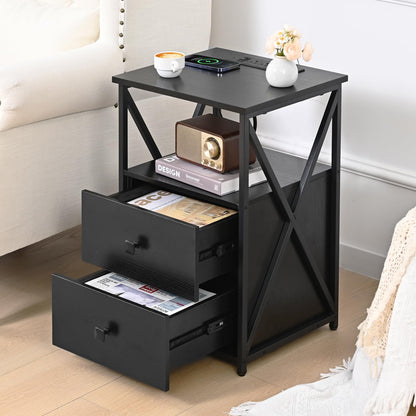 Livofloral LED Nightstands with Charging Station, Black Side Tables with Storage, End Tables with Charging Station, Bedside Table with Wooden Storage Drawers for Bedroom, Side Tables Living Room
