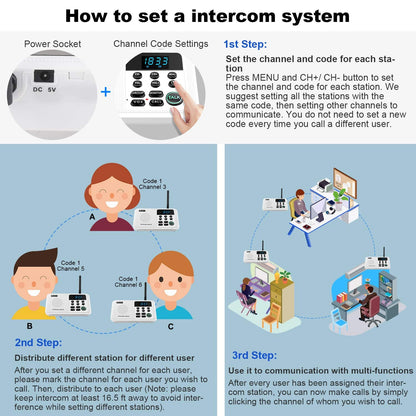 Wuloo Intercoms Wireless for Home 1 Mile Range 22 Channel 100 Digital Code Display Screen, Wireless Intercom System for Home House Business Office, Room to Room Intercom Communication (6 Packs, White)