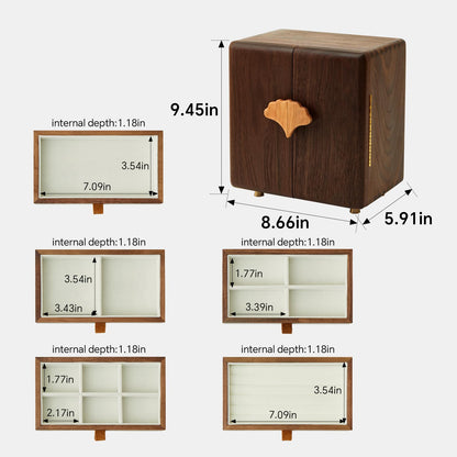 THFLSTR Solid Black Walnut Wood Jewelry Box for Women & Men, Large Velvet Lined Wooden Jewelry Organizer with 5 Drawers, Hand Carved Ginkgo Leaf Handles, Double Door Wardrobe Design