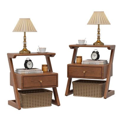 Solid Wood nightstands Set of 2 with Open Shelf and Drawers, Z Wooden Set of 2 nightstands with Open Storage, Bedside Table Set of 2 for Bedroom, Modern Mid Century end Table.