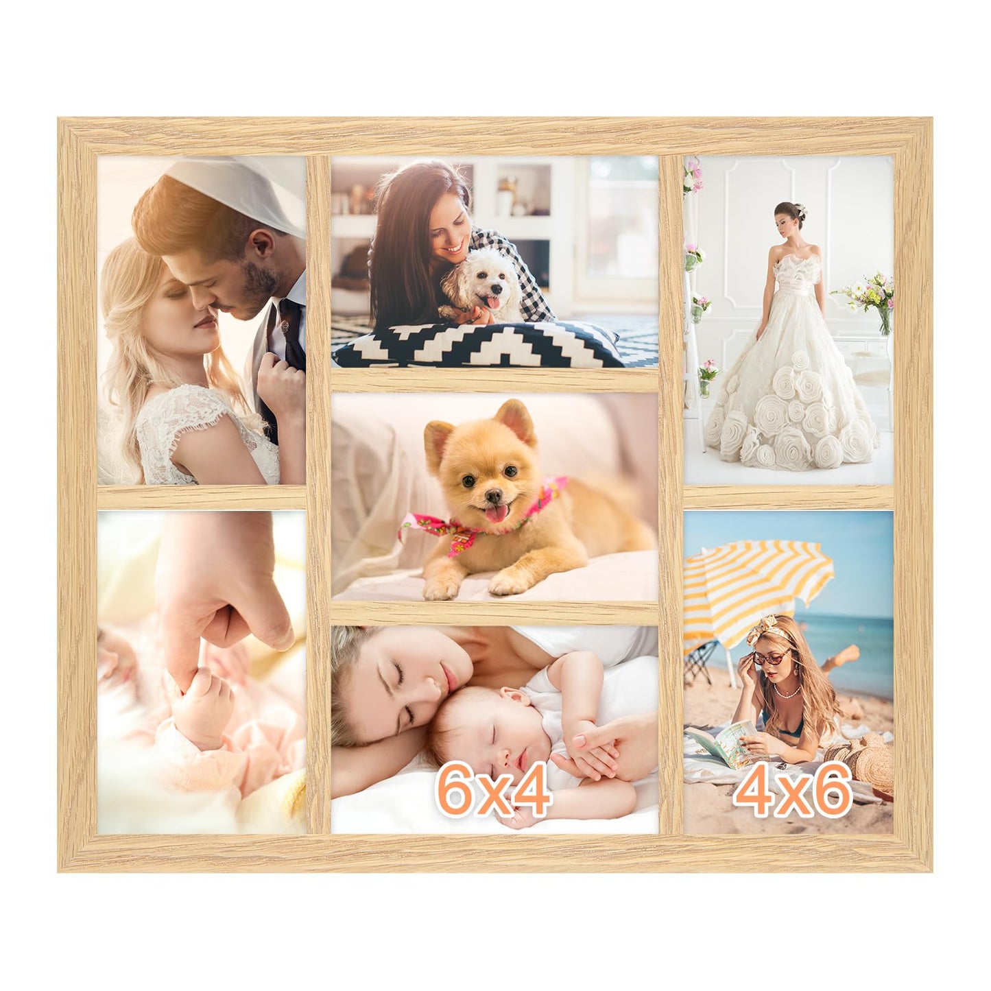 MOUDAMION 4x6 Oak Wood Picture Frames Collage Wall Decor Natural Woodgrain, Solid Oak Wooden Family Photo Collage Frame 7 Openings, Glass Front, Wall Hanging Display 7 4x6 Pictures