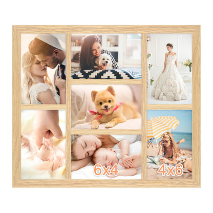 MOUDAMION 4x6 Oak Wood Picture Frames Collage Wall Decor Natural Woodgrain, Solid Oak Wooden Family Photo Collage Frame 7 Openings, Glass Front, Wall Hanging Display 7 4x6 Pictures