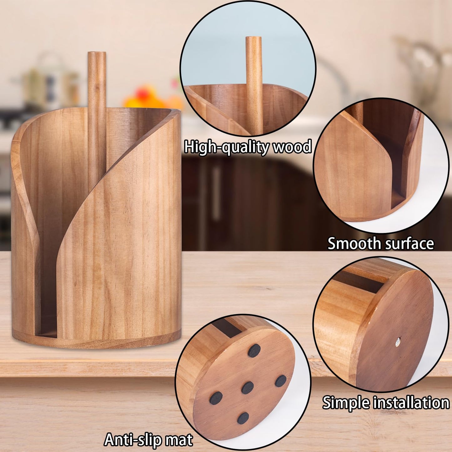Wooden Paper Towel Holder for Kitchen Countertop – Heavy Duty Pine Wood Towel Dispenser with Stable Base & 5 Anti-Skid Rubber Pads – Fits Standard Paper Towel Rolls – Rustic Farmhouse Kitchen Décor