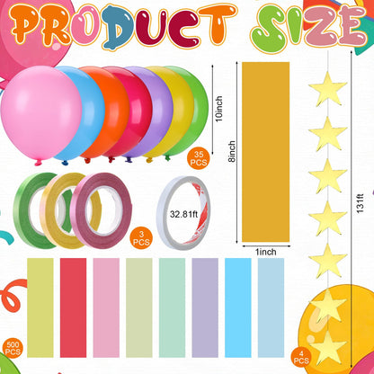 Roowest 500 Sheets Paper Chain Strips 4 Gold Star Garland 35 Balloons with Double Sided Tape Birthday Party Hanging Decor for Graduation Classroom DIY Craft Birthday Wedding Rainbow Party Decorations