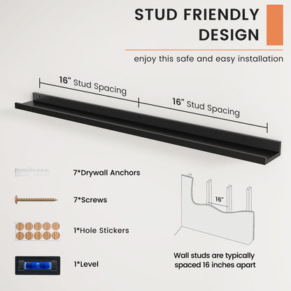 FLYJOE Picture Ledge Shelf, Floating Shelves Set of 2, 48 Inches Long Large Nursery Book Shelves for Toys Storage, Kids Bookshelf Wall Mounted for Living Room Bedroom Decor Books Photo Frames, Black