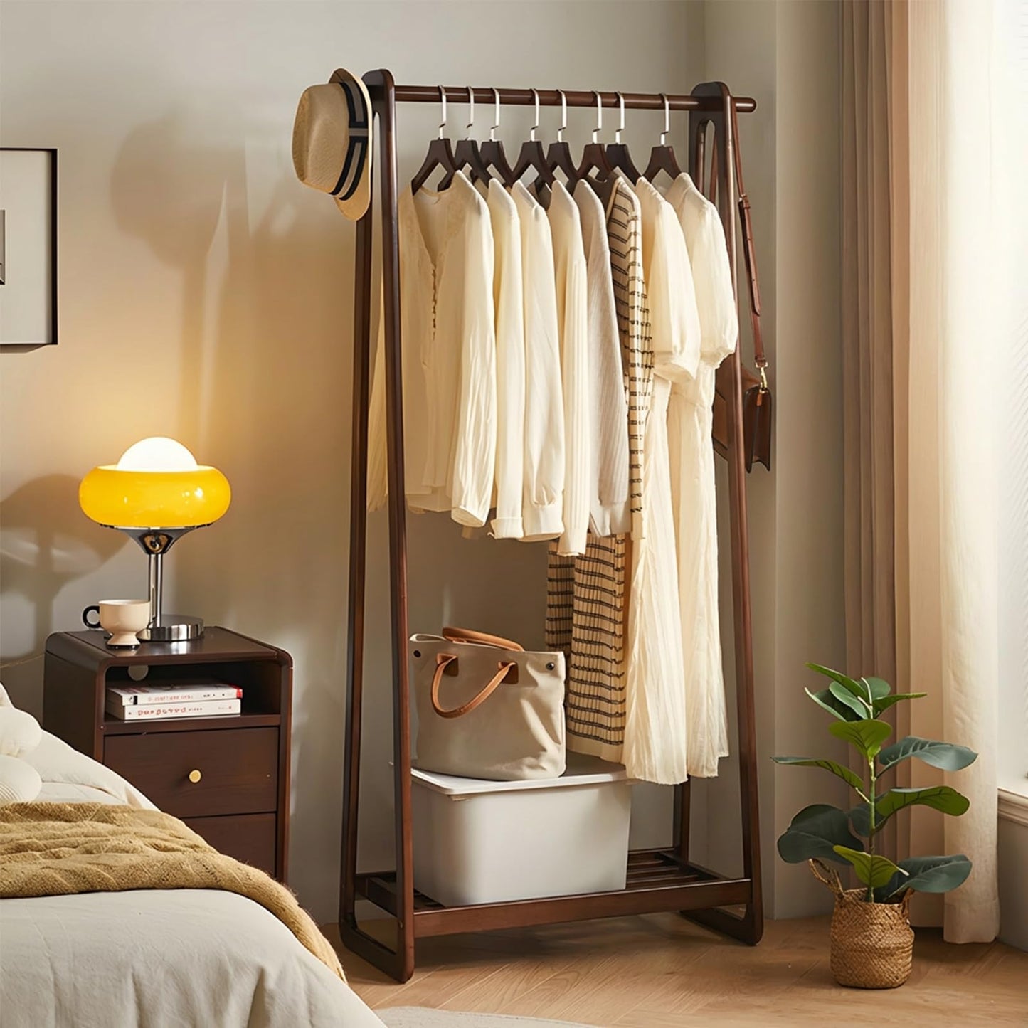 Cttasty Solid Wood Clothing Rack with Shelf, Freestanding Garment Rack with Hooks, Rubberwood Clothes Organizer for Bedroom Entryway, Minimalist Wooden Clothes Stand (Walnut, 31.5" W)