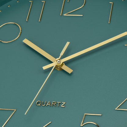 Foxtop Modern Wall Clock 12 Inch Silent Non Ticking Battery Operated Round Quartz Gold Wall Clock for Living Room Bedroom Kitchen Office Classroom Decor (Dark Green Dial)
