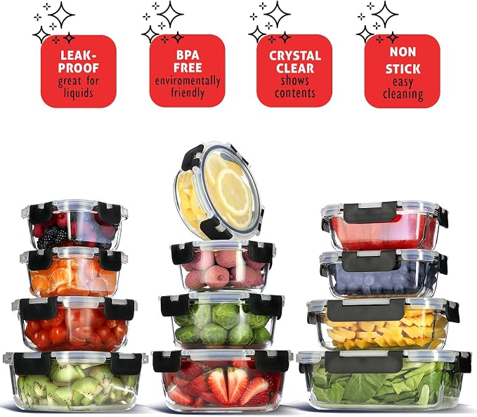 Nestl 24pc Glass Storage Containers with Lids, 12 Glass Food Storage Containers with 12 Airtight Lids for Pantry & Kitchen, Meal Prep Containers for Lunch, Oven Microwave & Dishwasher Safe, Black