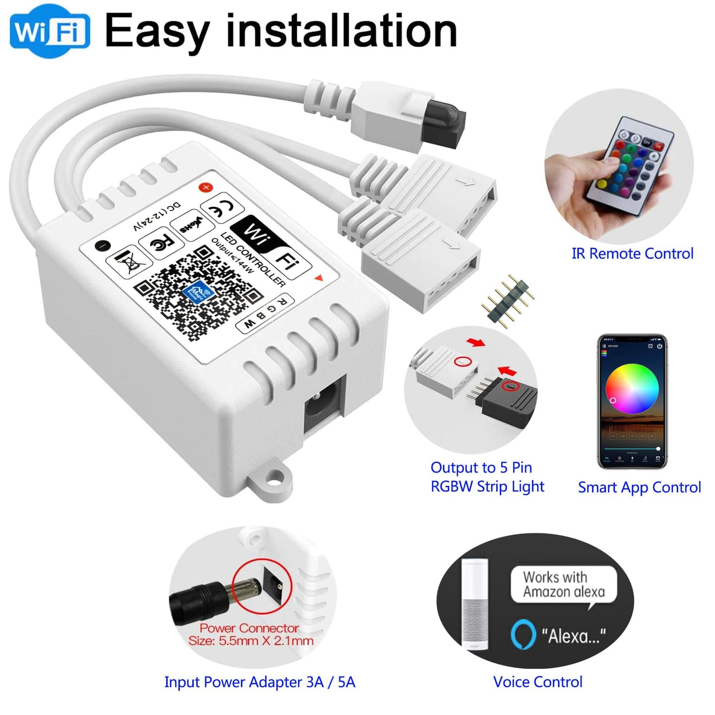 GIDEALED Smart WiFi RGBW LED Controller 2-Output 5 Pin with 24-Key Remote,Compatible with Alexa&Google Assistant,Voice/APP Control Strip Lights for Android/iOS System(WiFi LED Controller Only)