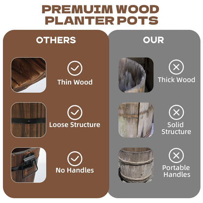 Hlimior 3 Pcs Wooden Whiskey Barrel Planters, Wooden Flower Planters Pots Boxes with Metal Handles 3 Sizes Planting Wood Buckets Tree Pot for Indoor Outdoor Garden Home Plants