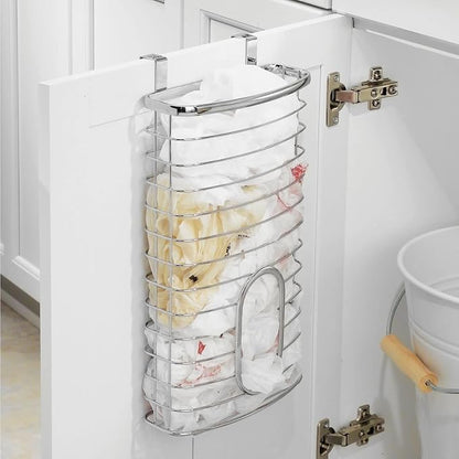 mDesign Steel Hanging Cabinet Storage Organizer Holder for Kitchen, Pantry - Holds Plastic, Sandwich, Garbage, Grocery and Trash Bags; Wrap, Foil, Pack - Spira Collection - Chrome