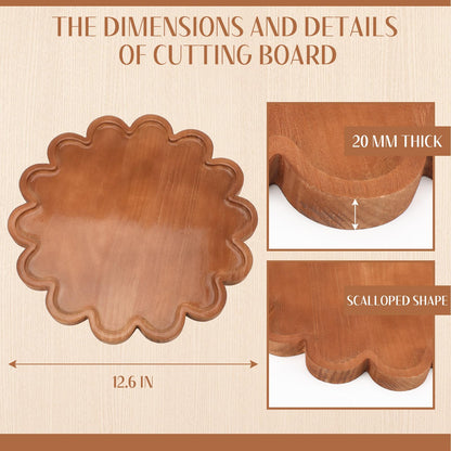BreezeHug Brown Decorative Serving Tray Wood 12.6 Inch Scalloped Serving Tray Round Wooden Display Plate with Scalloped Borders for Coffee Table Living Room Bedroom Entryway Decoration