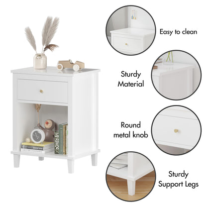 Nightstand with Drawer, 26.77''H Wooden Nightstand with Drawer & Open Storage Shelf, Modern Bedside Table for Kids, End Table for Living Room Bedroom, White