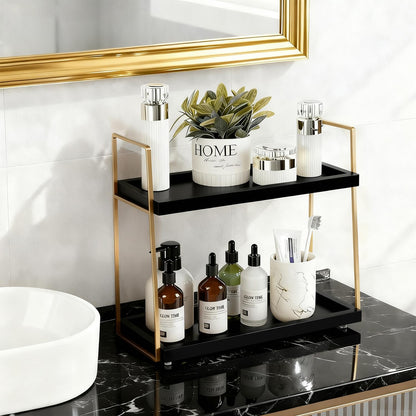 2087 Coffee Bar Accessories, Black Gold Coffee Station Organizer for Countertop Decor, 2 Tier Large Wooden CoffeeBar Shelf for Office, Breakroom, Bathroom