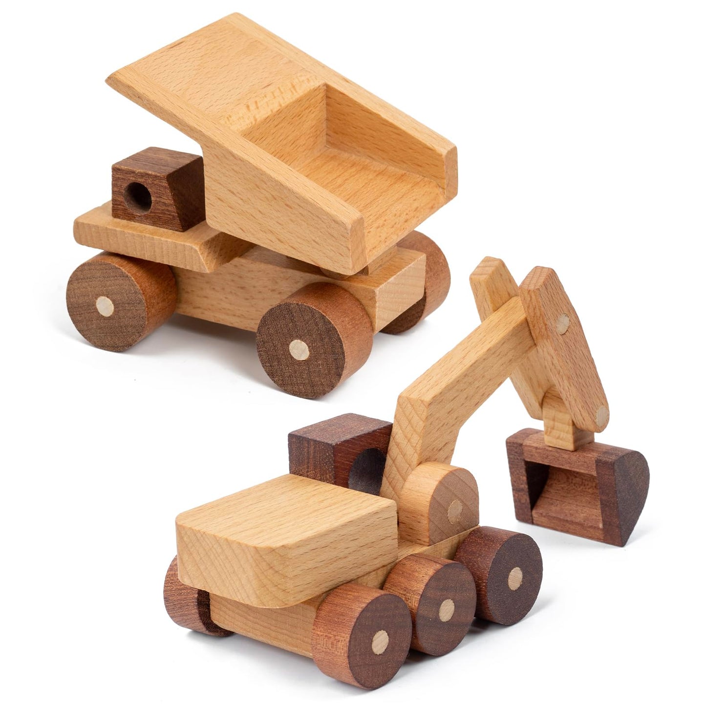 kienvy Wooden Toy Cars for 3 Year Old Boys & Girls - Construction Vehicles Set Push Toys for Toddlers, Wood Montessori Car with Rolling Wheels, Natural Wood Toys (Excavator & Dump Truck)
