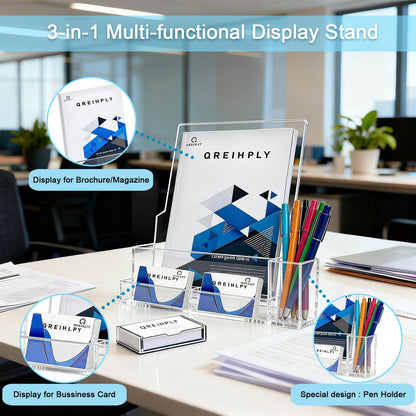 QREIHLPY Acrylic Brochure Holder 2 Pack, 8.5*11inch with Pen Holders & Business Card Slot, Clear Display Stand for Countertop, Suitable for Pamphle, Magazines, Menus, Trifold Booklets