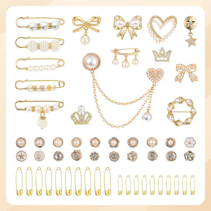 Suncalla 1499 Pcs Junk Socks Charms Kit Gold Brooches and Pins for Women, Pearl Patch Rhinestone Charms with Safety Pins DIY Accessories for Socks Dress Clothes Hats Shoes Scarf Shawl Decoration