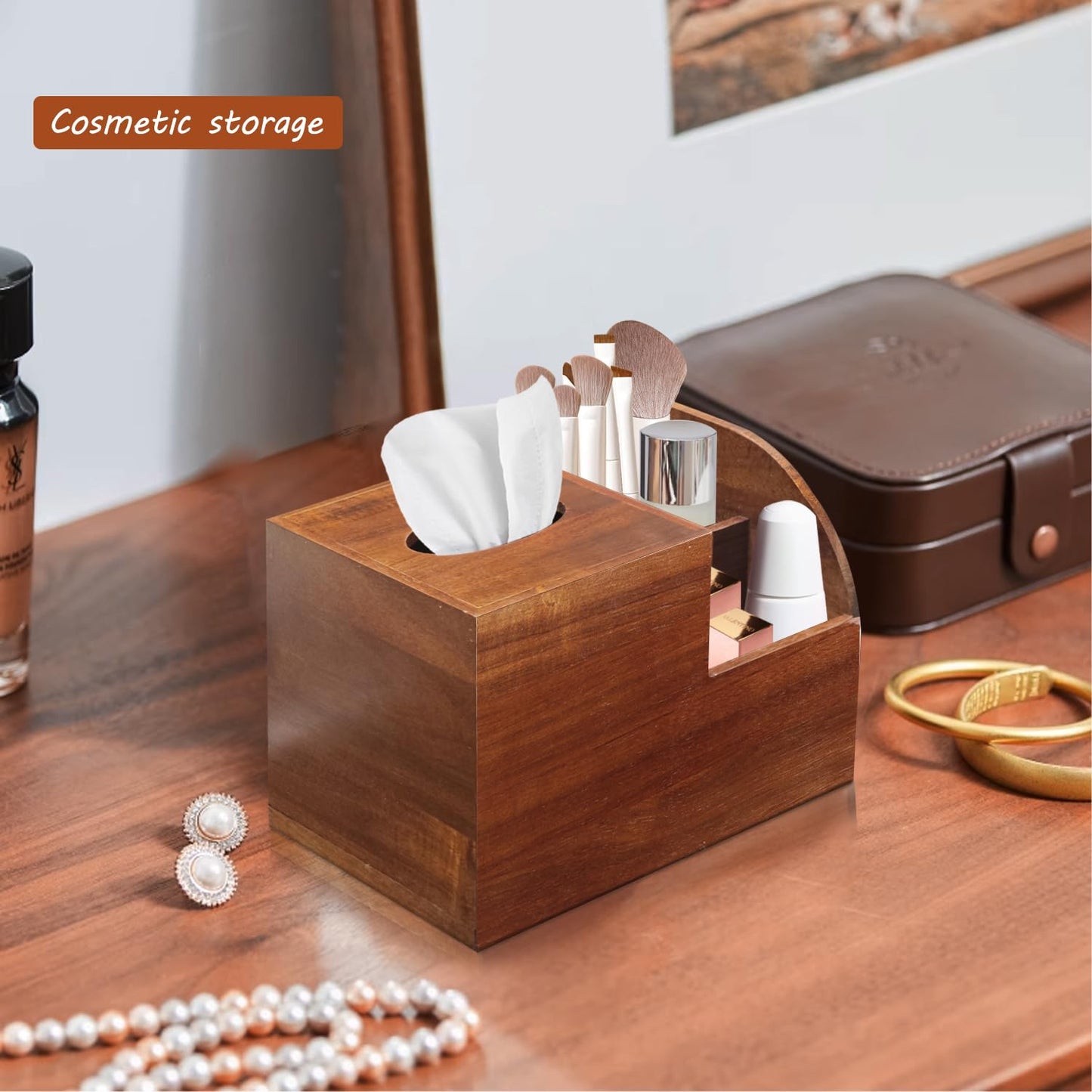 BIBELUN Square Tissue Box Cover, Multi-Functional Wood Tissue Box Holder with Storage Grid, Tissue and Remote Control Holder, Decorative Facial Tissue Cube Box Organizer for Desk, Nightstand, Bathroom