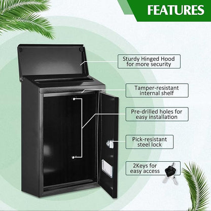 Amylove Weatherproof Mail Boxes with Key Lock, Security Locking Wall Mount Metal Mailbox with Slot for Outside, Large Capacity for Mail, Packages, Donations, Voting 11. 8"h x 8. 3"l x 2. 8"w, Black