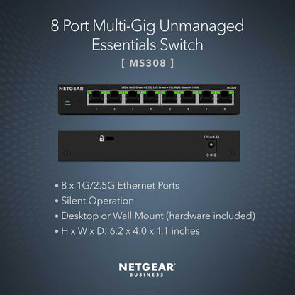 NETGEAR 8-Port 2.5G Multi-Gigabit Ethernet Unmanaged Network Switch (MS308) - with 8 x 2.5Gbps Ports, Desktop or Wall Mount, Metal Case