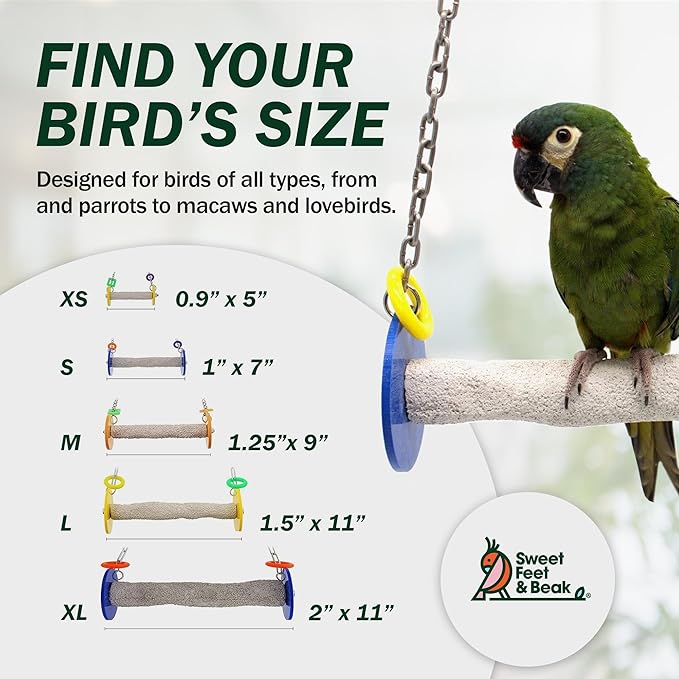 Sweet Feet and Beak Roll Bird Swing - Pumice Perch Bird Toys Trims Nails and Beaks, Safe Bird Cage Accessories for Small and Large Birds, Swinging Toys Birds Will Love, XSmall 4.5 Inches - Blue