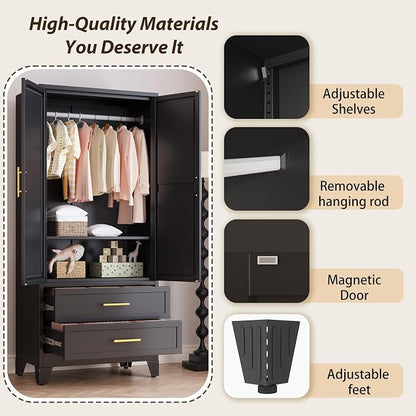 Metal Wardrobe Storage Cabinet with Mirror and Hanging Rod,71'' Metal Clothing Cabinet with 2 Doors and 2 Adjustable Shelves for Bedroom, Laundry Room, Cloak Room (Black)