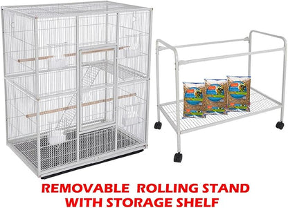 64" Extra Large Double Flight Bird Wrought Iron Double Breeding Cage Slide Out Divider 3-Levels Bird Parrot Cage Cockatiel Conure Bird Cage with Removable Stand on Wheels