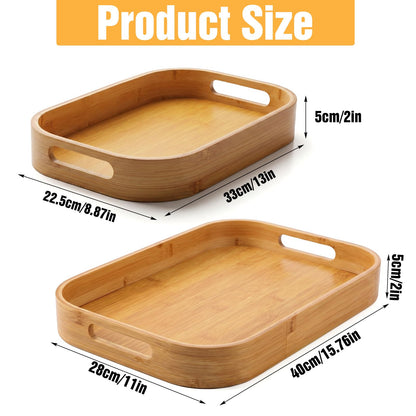 2-Pack Bamboo Serving Trays with Handles (16" & 13") – Large Solid Wood Breakfast Tray for Bed, Food Serving Platter for Coffee, Tea, Dinner, Party, Decorative Tray for Kitchen Counter & Living Room