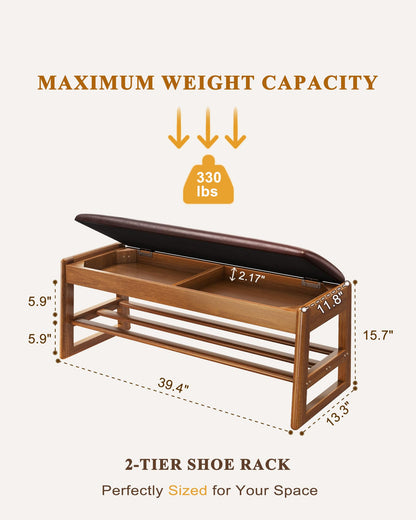 Shoe Rack Bench with Hidden Storage, 2-Tier Solid Rubberwood Entryway Bench with Soft Leather Cushioned Seat & Flip-Top Storage, 330lbs Capacity, Wooden Shoe Organizer for Hallway, Closet, Foyer
