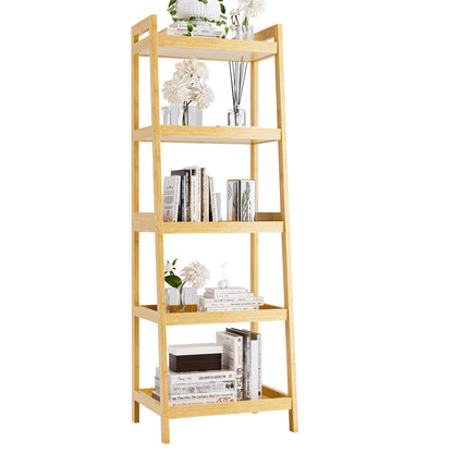 vovala Bookshelf, 5 Tier Ladder Bookcase with Bamboo Frame, Freestanding Tall Narrow Display Plant Shelf for Living Room, Kitchen, Bedroom, Balcony, Natural
