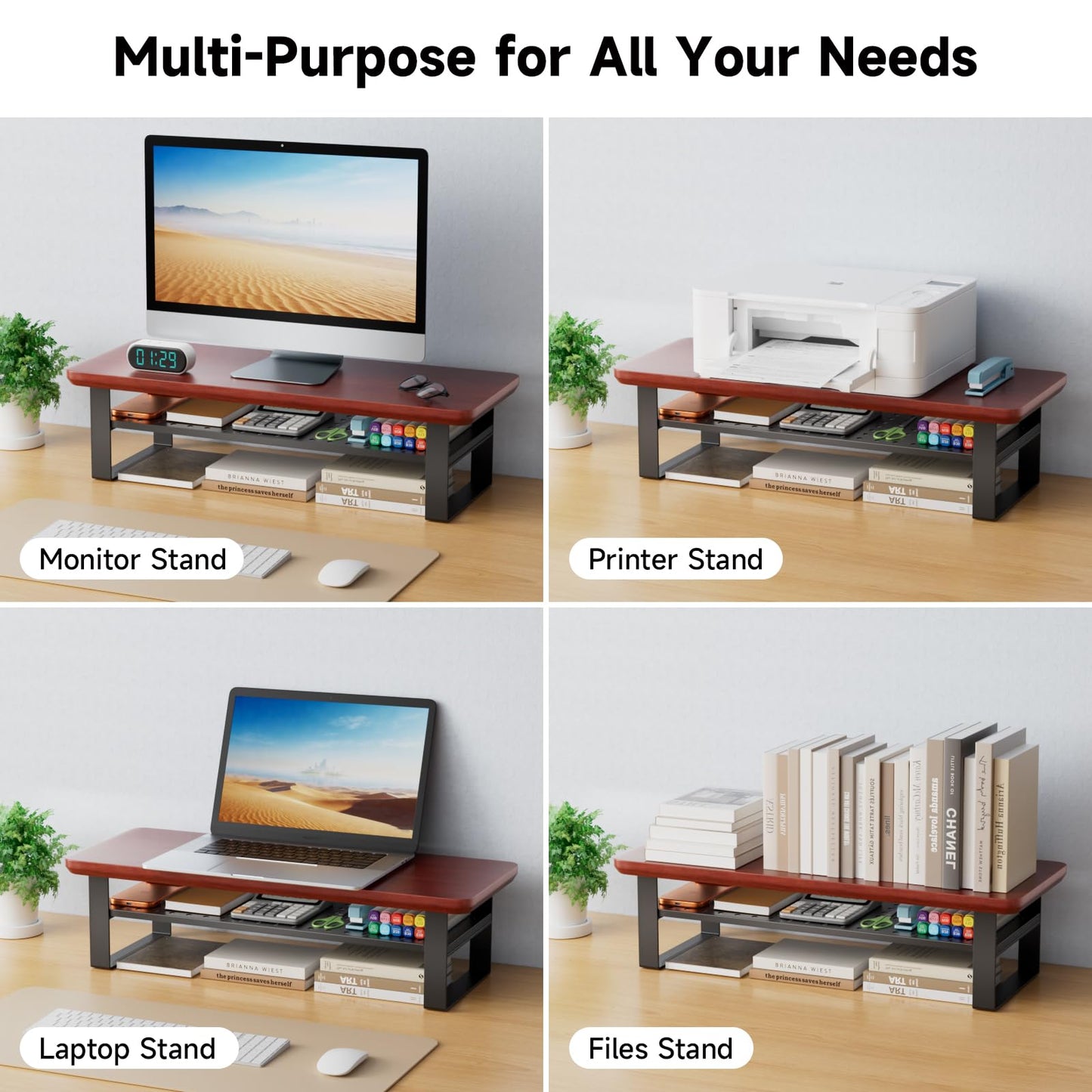 NestNeat Monitor Stand Riser, 24 Inch Computer Monitor Stand for Desk, 2-Tier Wood Desk Shelf Organizer with Storage, Desktop Stand for Laptop/Screen/PC/Printer, Ergonomic Home Office Monitor Stand