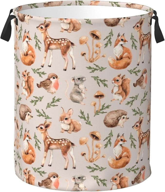 Forest Little Animal Laundry Hamper Bag, Deer Squirrel Hedgehog Fox Round