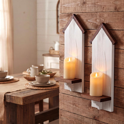 Xuhal 2 Pcs Farmhouse Candle Sconces Wall Decor Rustic Wooden Candle Holders Distressed White Candles Sconces Farmhouse Hanging Wall Decoration for Fireplace Mantel Aisle Display Shelves