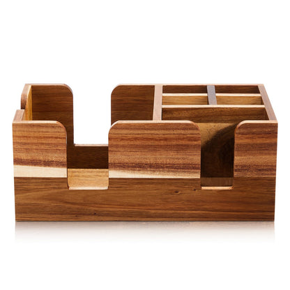 Mifoci Wooden Bar Caddy with 6 Compartments, Acacia Wood Bar Caddy Napkin & Straw Holder Organizer Cocktail Napkin Holder Condiments for Home Office Kitchen Countertop (Brown)