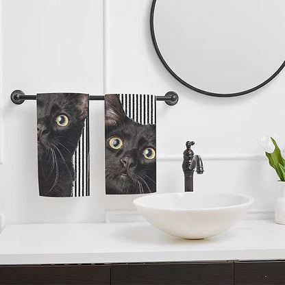 Cute Black Cat Hand Towel for Bathroom Set of 2, Cat on Black White Stripes